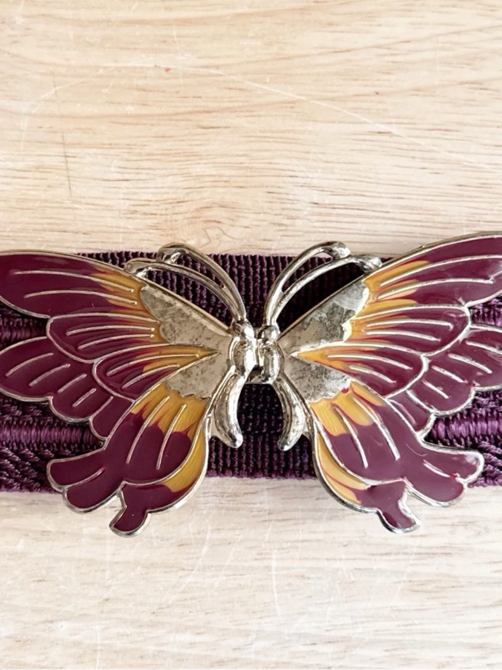 Vintage 80s Burgundy Enamel Butterfly Buckle Elastic Waist Textured Belt Size XL - Picture 9 of 15